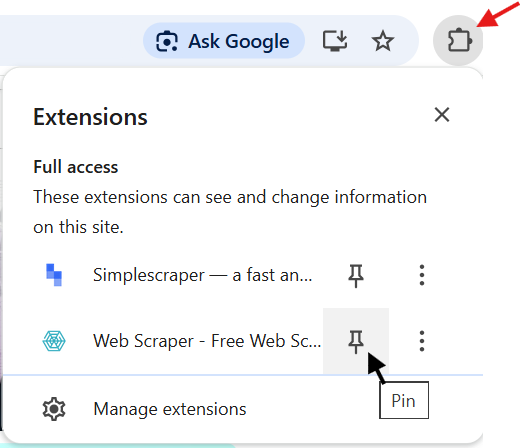 Screenshot of dialog to pin extension