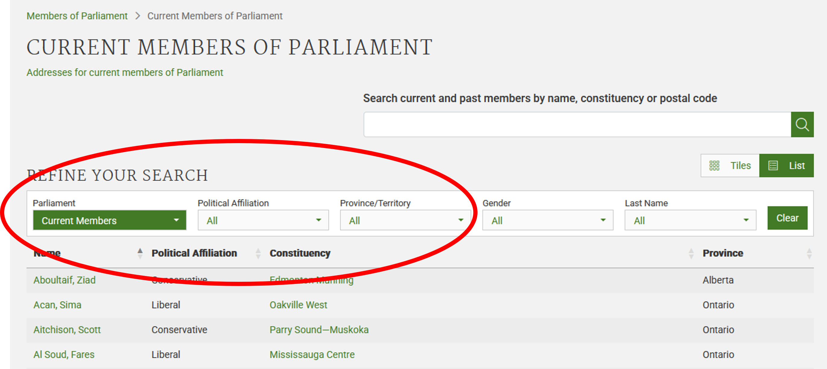 Screenshot of the Parliament of Canada website (Top)