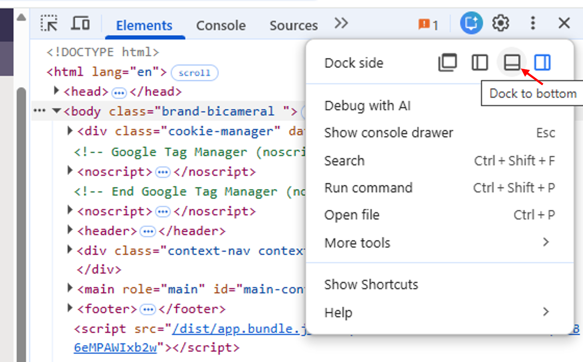 Dialog showing how to select developer tools docking position