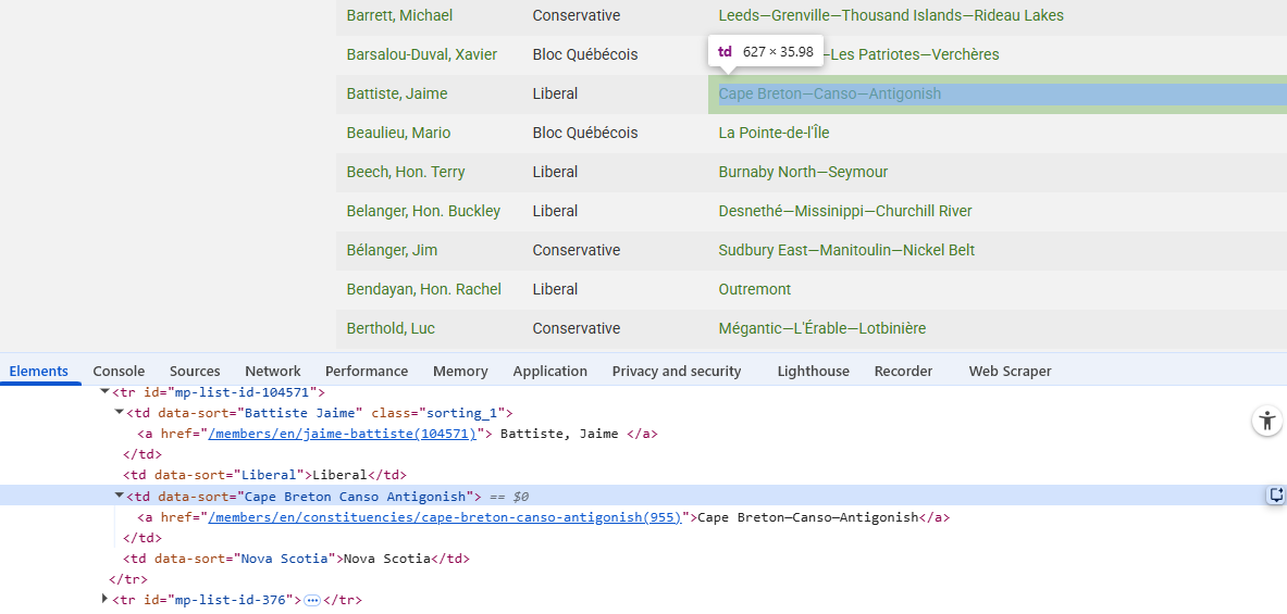 Screenshot of element highlighted on web page