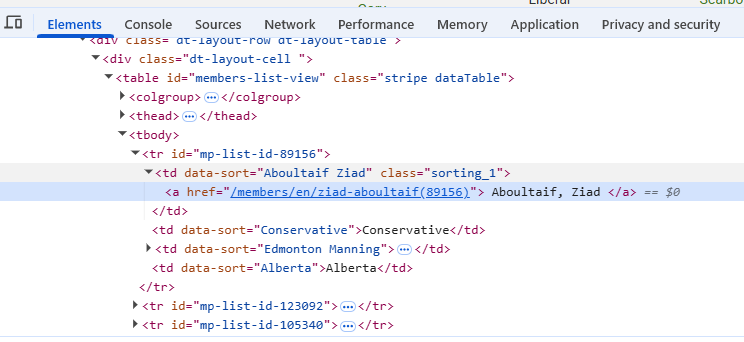 Code shown in the developer console for a selected element
