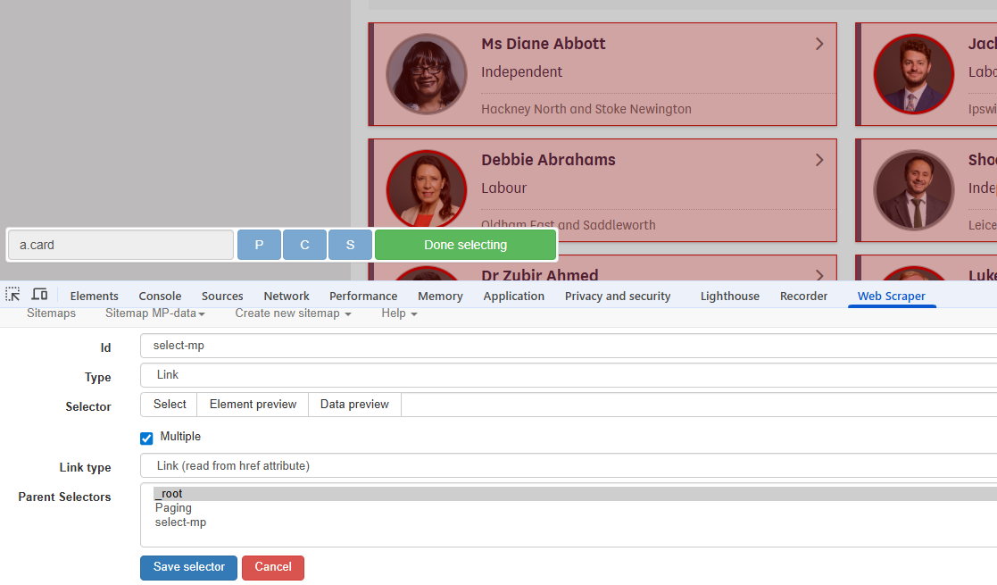 Screensho of creating link selector