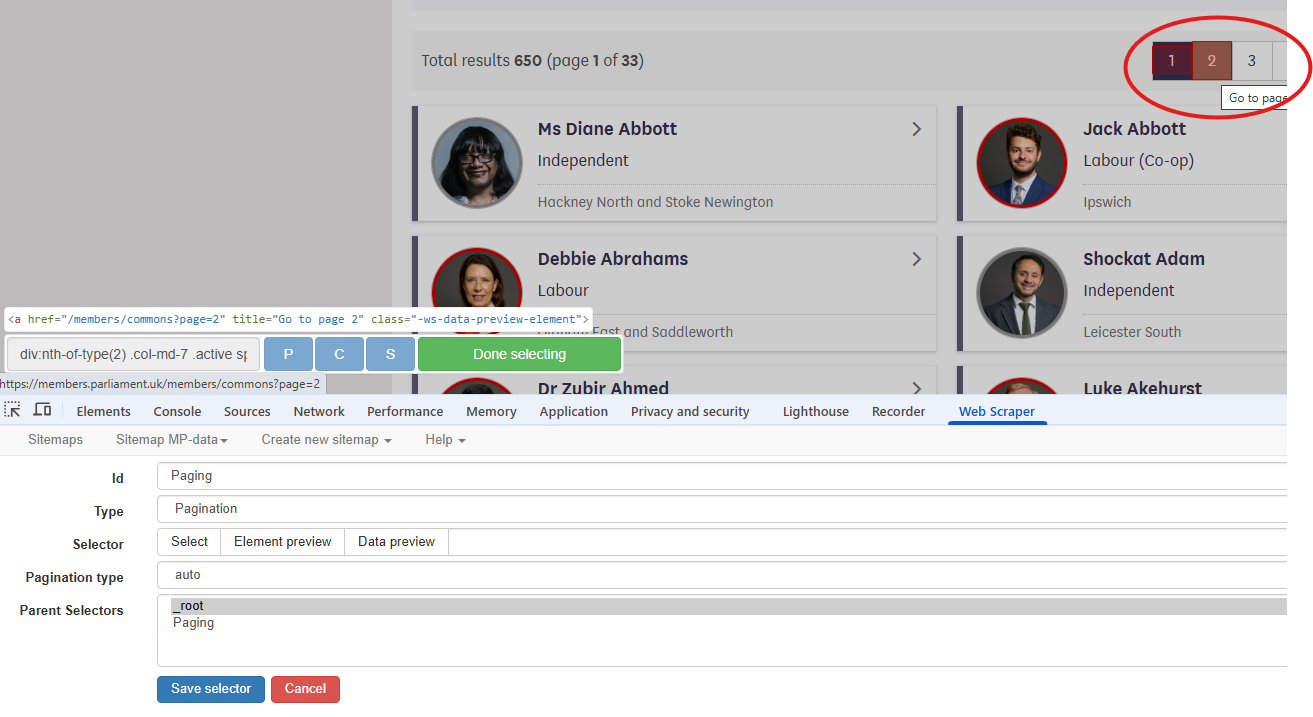 Screenshot of creating pagination selector