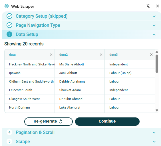 Screenshot of automatically scraped MP data