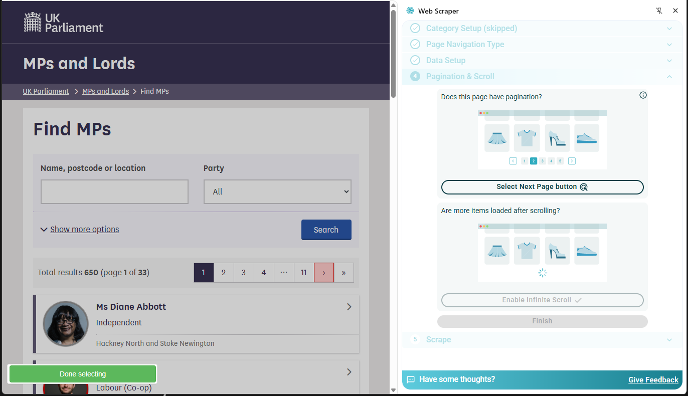 Screenshot of pagination selection