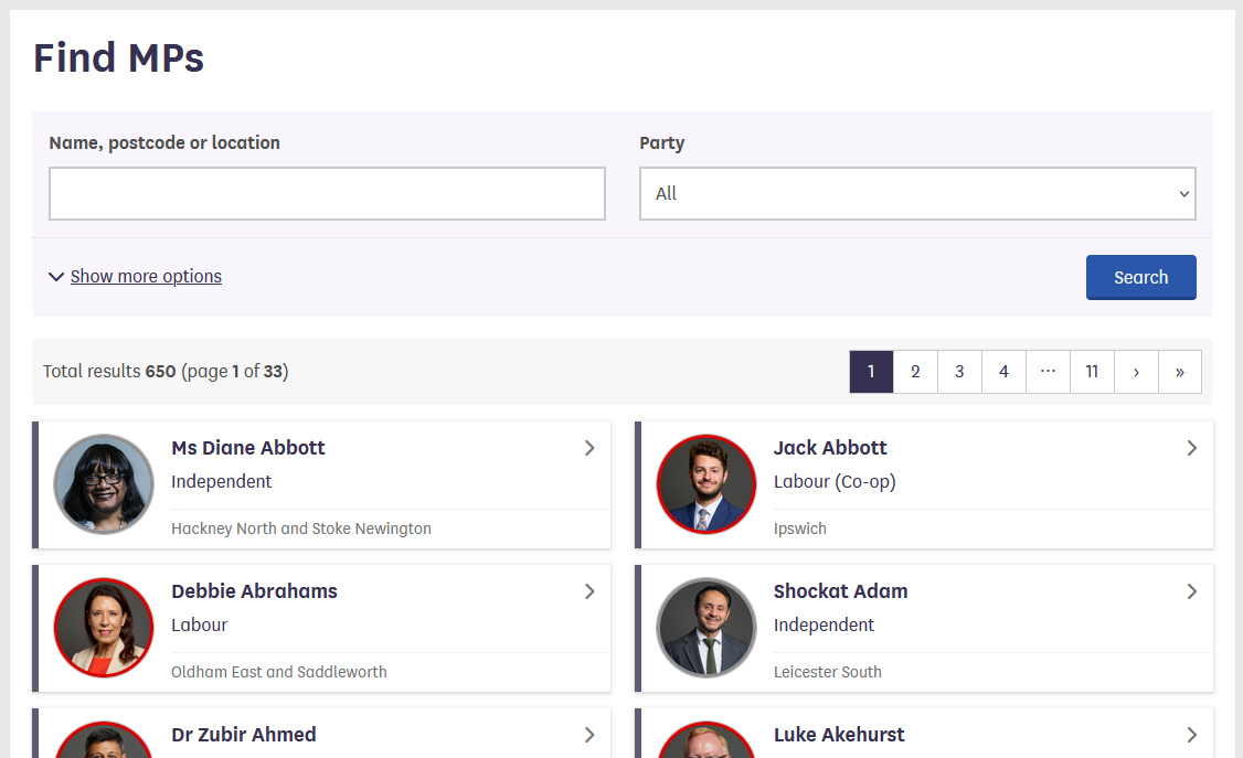 Screenshot of the UK House of Commons website
