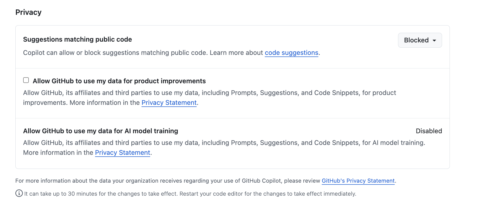 Privacy settings within GitHub Copilot