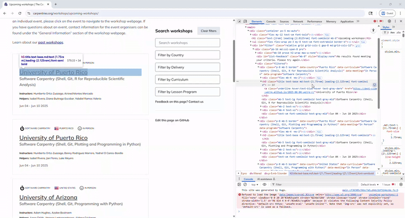All workshop cards share a 'p-8 mb-5 border' class attribute.