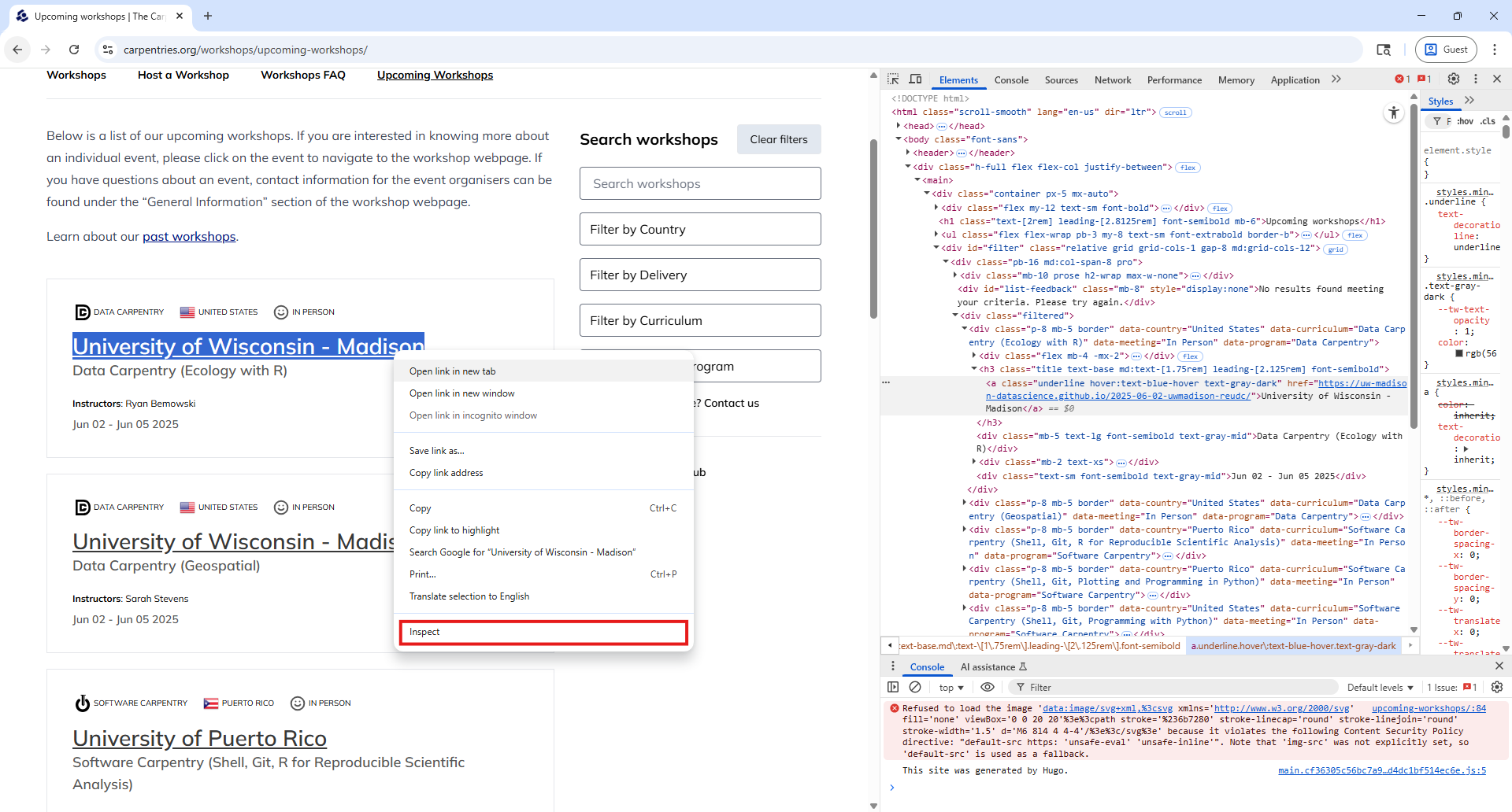 A screenshot of Google Chrome web browser, showing how to use Inspect from the Chrome DevTools
