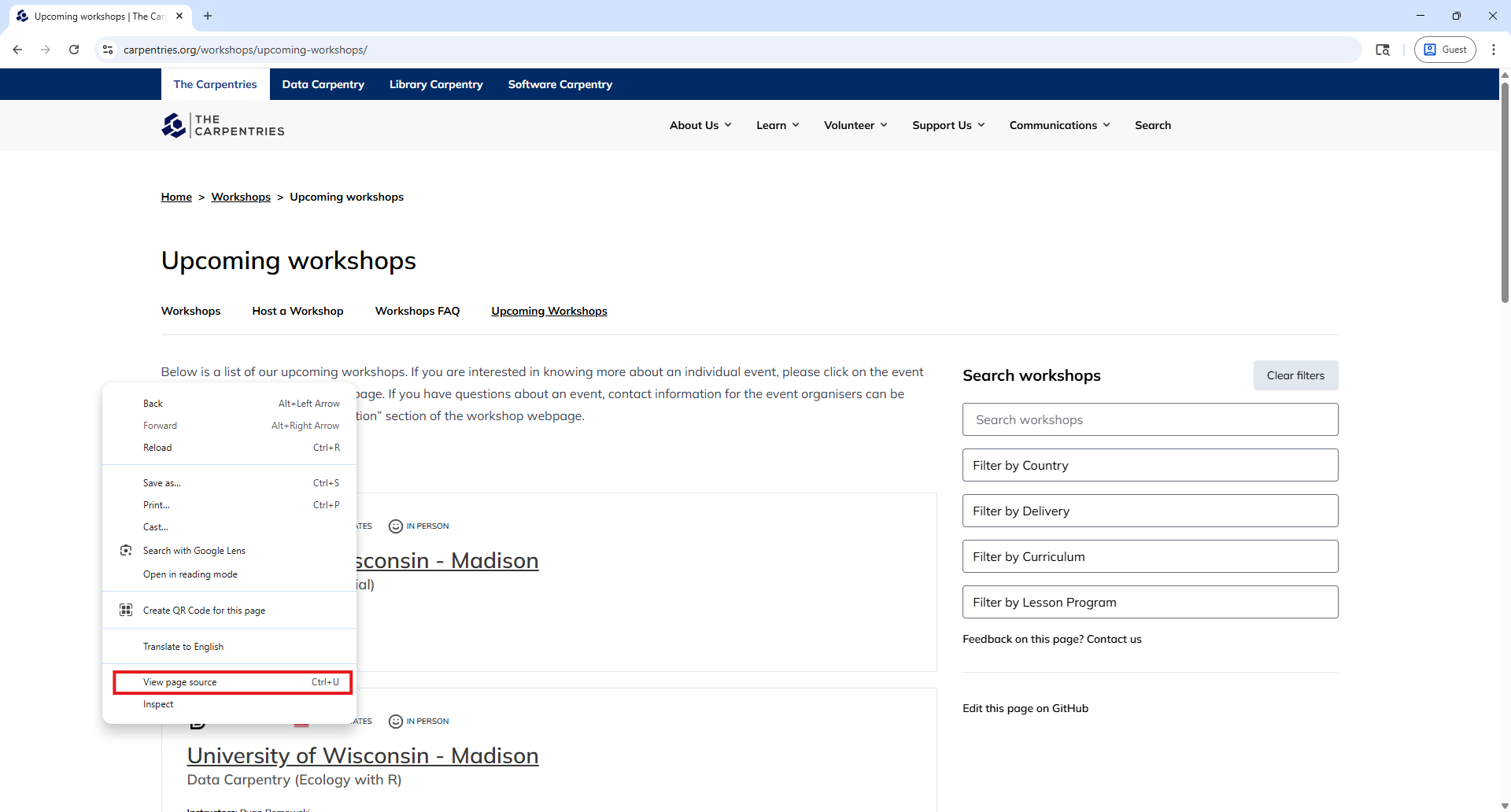 A screenshot of The Carpentries upcoming workshops website in the Google Chrome web browser, showing how to View page source